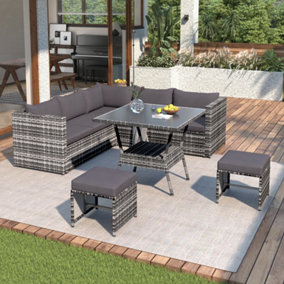 Rattan Outdoor Garden Patio Corner Sofa Dining Set with Glass Topped Dining Table and Stools