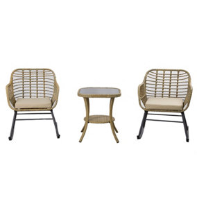 Rattan Rocking Chairs Set, 3 PCS Outdoor Rattan Bistro Set with Tempered Glass Coffee Table and Soft Cushions