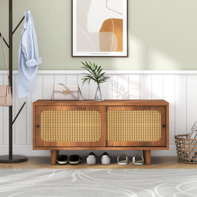 Rattan Shoe Storage Cabinet 2 Door Shoe Cabinet Shoe Bench Modern Storage Cabinet for Living Room