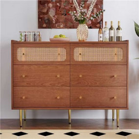 Rattan Sideboard Cabinet for Living Room, Chest of Drawers with 6 Drawers, Walnut