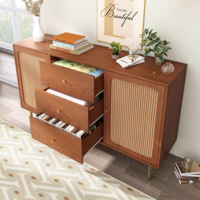 Rattan Sideboard Cabinet for Living Room, Chest of Drawers with with 2 Doors and 3 Drawers, Adjustable shelf, Walnut