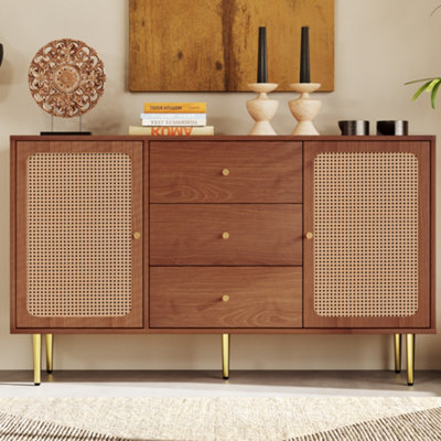 Rattan Sideboard Side Cabinet, Oak Wood Chest of Drawers with 2 Doors and 3 Drawers for Living Room Bedroom