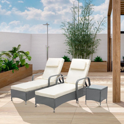 Rattan Sun loungers Set of 2 Reclining Sun Beds and Table Garden Furniture Venice Grey