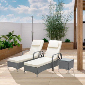 Rattan Sun loungers Set of 2 Reclining Sun Beds and Table Garden Furniture Venice Grey