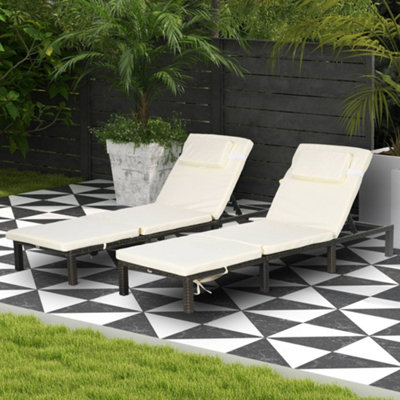 Rattan Sun Loungers Set of 2 w/ 5-Level Adjustable Backrest Headrest Cream White
