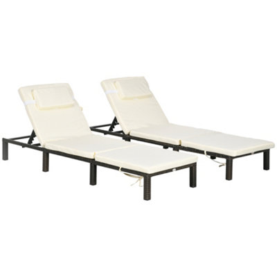 Rattan Sun Loungers Set of 2 w/ 5-Level Adjustable Backrest Headrest Cream White