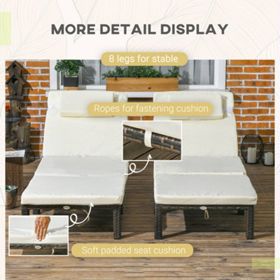 Rattan Sun Loungers Set of 2 w/ 5-Level Adjustable Backrest Headrest Cream White - 6