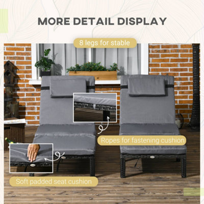 Rattan Sun Loungers Set of 2 w/ 5-Level Adjustable Backrest Headrest Dark Grey - 6