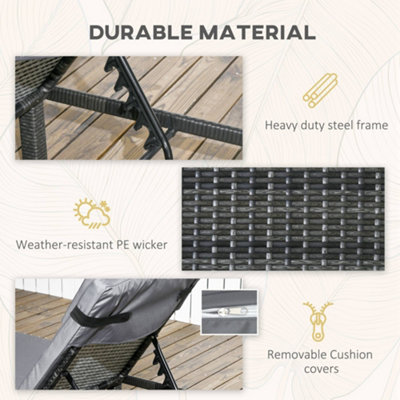 Rattan Sun Loungers Set of 2 w/ 5-Level Adjustable Backrest Headrest Dark Grey - 7