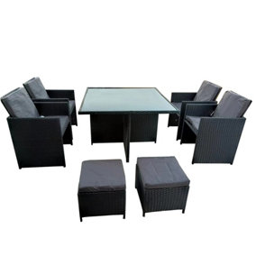 Rattan Table & Chairs Set 8 Seater Cube Garden Furniture & Protective Cover Black