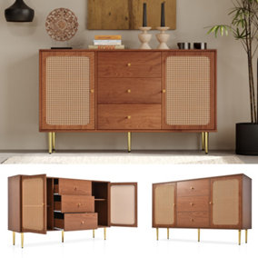 Rattan Walnut Chest of Drawers (2 doors and 3 drawers), Sideboard Cabinet for Living Room