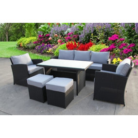 RATTAN WICKER CONSERVATORY OUTDOOR GARDEN FURNITURE DINING SET CORNER SOFA TABLE BLACK