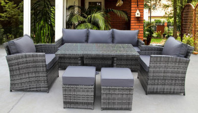 RATTAN WICKER CONSERVATORY OUTDOOR GARDEN FURNITURE DINING SET CORNER SOFA TABLE (Grey)