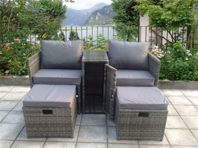 RATTAN WICKER TWO CHAIRS CONSERVATORY OUTDOOR GARDEN FURNITURE SET CORNER SOFA TABLE GREY DINNING TABLE WITH STORAGE GREY
