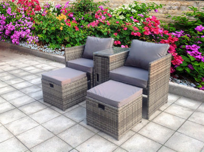RATTAN WICKER TWO CHAIRS CONSERVATORY OUTDOOR GARDEN FURNITURE SET CORNER SOFA TABLE GREY DINNING TABLE WITH STORAGE GREY