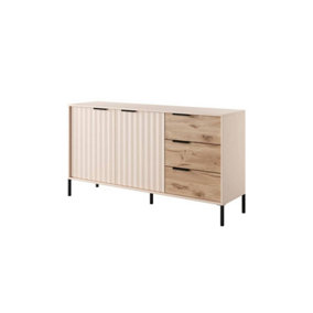 Rave B Contemporary Sideboard Cabinet 2 Hinged Doors 2 Shelves 3 Drawers Beige & Oak Viking Effect (H)820mm (W)1530mm (D)400mm