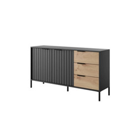Rave B Contemporary Sideboard Cabinet 2 Hinged Doors 2 Shelves 3 Drawers Black & Oak Artisan Effect (H)820mm (W)1530mm (D)400mm