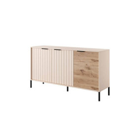 Rave C Contemporary Sideboard Cabinet 3 Hinged Doors 3 Shelves Beige & Oak Viking Effect (H)820mm (W)1530mm (D)400mm