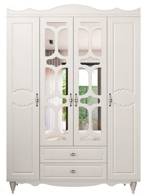 RAVEN 4 Door 2 Drawer Mirrored White Wardrobe