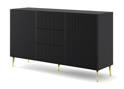 Ravenna B Chest of Drawers In Black with Gold Legs - Elegant Milled & Foiled MDF with Sleek Pin Legs - D420mm x H870mm x W1500mm