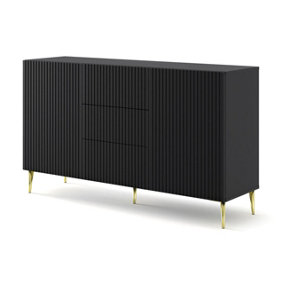 Ravenna B Chest of Drawers In Black with Gold Legs - Elegant Milled & Foiled MDF with Sleek Pin Legs - D420mm x H870mm x W1500mm
