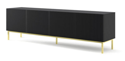 Ravenna B TV Stand in Black with Gold Legs - Milled Foil Finish MDF - Sleek Metal Framed Design - D420mm x H560mm x 2000mm