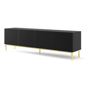 Ravenna B TV Stand in Black with Gold Legs - Milled Foil Finish MDF - Sleek Metal Framed Design - D420mm x H560mm x 2000mm