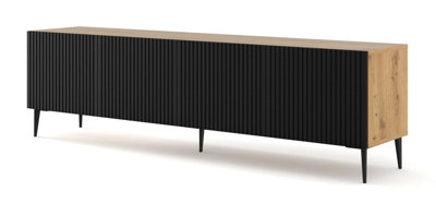 Ravenna B TV Stand in Oak Artisan with Black Legs - Milled Foil Finish MDF - Sleek Metal Framed Design - D420mm x H560mm x 2000mm