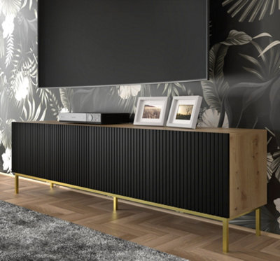 Ravenna B TV Stand in Oak Artisan with Black Legs - Milled Foil Finish MDF - Sleek Metal Framed Design - D420mm x H560mm x 2000mm