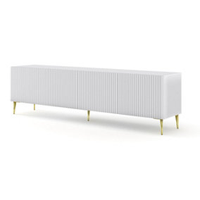 Ravenna B TV Stand in White with Gold Legs - Milled Foil Finish MDF - Sleek Metal Framed Design - D420mm x H560mm x 2000mm