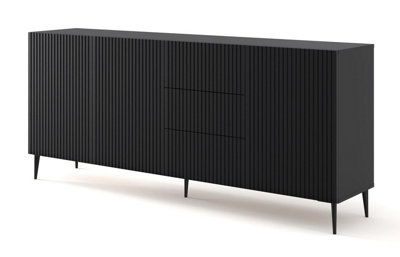 Ravenna Chest of Drawers in Black and Black Pin Legs - Modern Milled & Foiled MDF - D420mm x H870mm x W2000mm