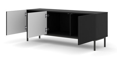 Ravenna TV Stand in Black with Black Legs - Chic Milled & Foiled MDF - Contemporary Metal Frame - W1500mm x H580mm x 420mm