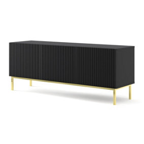 Ravenna TV Stand in Black with Gold Legs - Chic Milled & Foiled MDF - Contemporary Metal Frame - W1500mm x H580mm x 420mm
