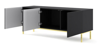 Ravenna TV Stand in Black with Gold Legs - Chic Milled & Foiled MDF - Contemporary Metal Frame - W1500mm x H580mm x 420mm