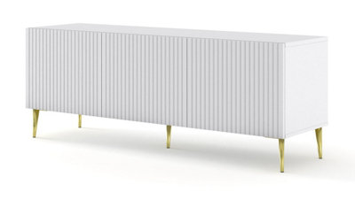 Ravenna TV Stand in White Matt and Gold Legs - Chic Milled & Foiled MDF - Contemporary Metal Frame - W1500mm x H580mm x 420mm