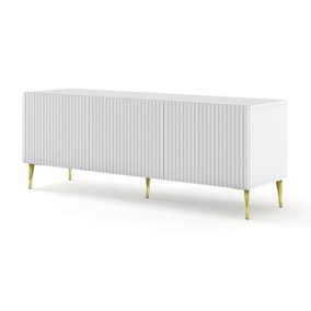 Ravenna TV Stand in White Matt and Gold Legs - Chic Milled & Foiled MDF - Contemporary Metal Frame - W1500mm x H580mm x 420mm
