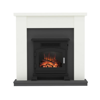 Ravensdale Soft White Timber Electric Fireplace with Black Inset Stove Price Comparisons | Compare The Build