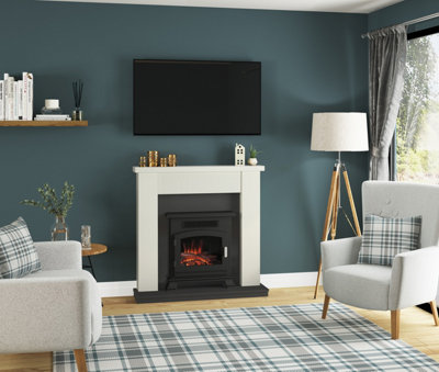 Ravensdale Soft White Timber Fireplace Suite with Inset Electric Stove