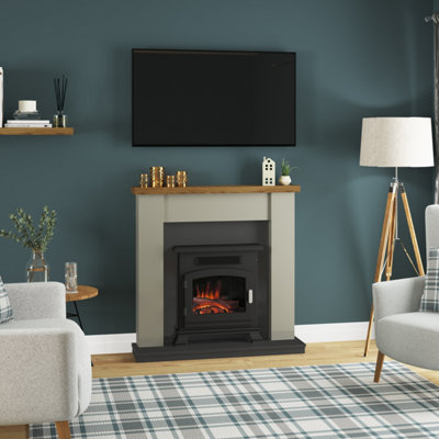 Ravensdale Stone Grey Timber Fireplace Suite with Inset Electric Stove Price Comparisons | Compare The Build