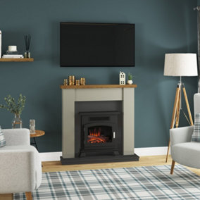 Ravensdale Stone Grey Timber Fireplace Suite with Inset Electric Stove