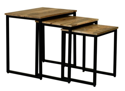 Ravi Iron Base Solid Wood Stool (Set of 3) - Mango Wood/Iron - L40 x W54 x H54 cm - Light Finish