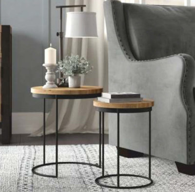 Ravi Iron Base Solid Wood Top Round Stool (Set of 2) - L44 x W44 x H49 ...