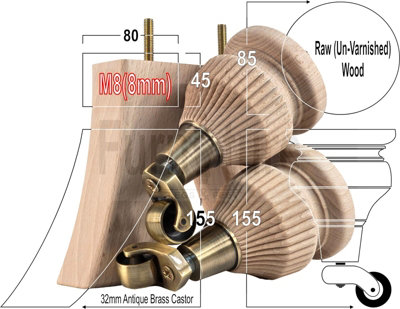 Raw Wood Replacement Furniture Legs 6 Inches with 2x Antique Brass Castors and 2x Back Feet 155mm High M8 Dowl Fixing