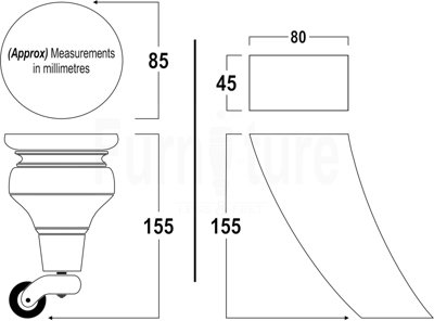 Raw Wood Replacement Furniture Legs 6 Inches with 2x Antique Brass Castors and 2x Back Feet 155mm High M8 Dowl Fixing