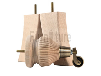 Raw Wood Replacement Furniture Legs 6 Inches with 2x Antique Brass Castors and 2x Back Feet 155mm High M8 Dowl Fixing