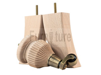 Raw Wood Replacement Furniture Legs 6 Inches with 2x Antique Brass Castors and 2x Back Feet 155mm High M8 Dowl Fixing