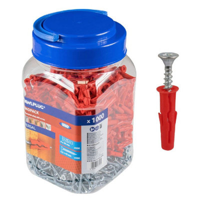 RawlPlug Multi Purpose Red 6mm Wall Plugs & Screws / 500 Plugs & 500 Screws