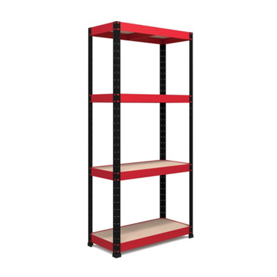 RB BOSS Garage Shelving Unit 4 Shelf MDF Red & Black Powder Coated Steel (H)1600mm (W)750mm (D)350mm