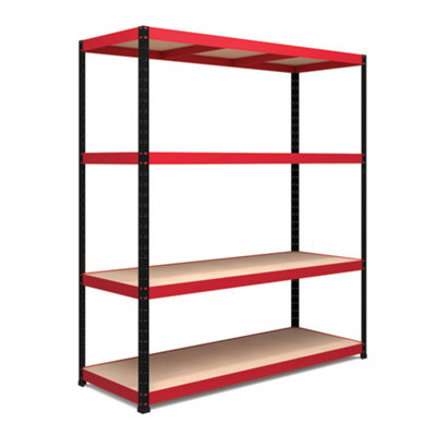 RB BOSS Garage Shelving Unit 4 Shelf MDF Red & Black Powder Coated Steel (H)1800mm (W)1600mm (D)600mm