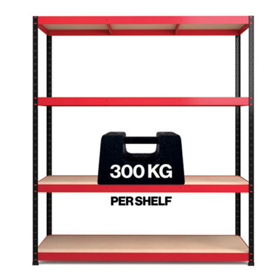 RB BOSS Garage Shelving Unit 4 Shelf MDF Red & Black Powder Coated Steel (H)1800mm (W)1600mm (D)600mm